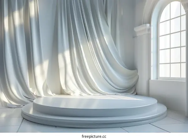 Elegant White Stage with Drapery and Arch Window