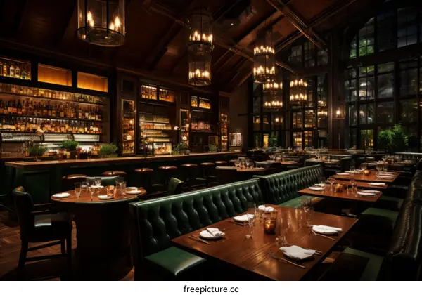 Elegant Restaurant Interior with Dark Wood and Green Leather