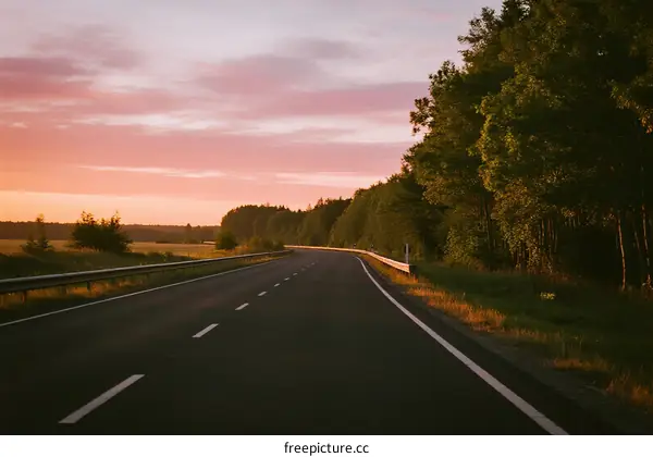 A peaceful road at sunset with trees on both sides