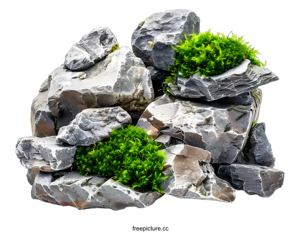 [Transparent Background PNG]Grey Rocks And Green Moss On White Background