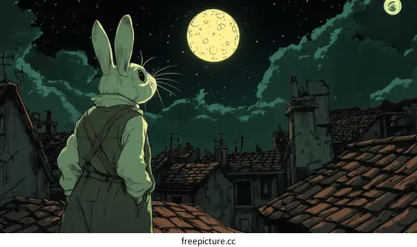 A White Rabbit Under a Full Moon in a City at Night