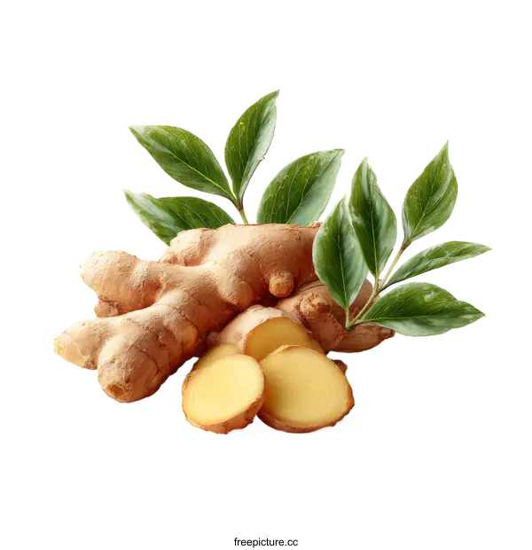[Transparent Background PNG]Fresh Ginger Root with Leaves and Slices