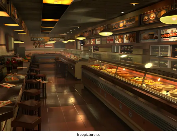 Empty Bakery Shop Interior Design with Glass Display Cases Filled with Various Pastries