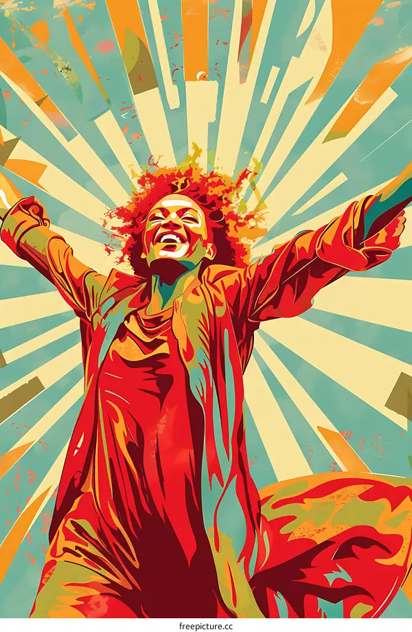 Happy Woman in Red Jacket with a Retro Illustration Style