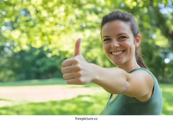 Smiling Woman Giving Thumbs Up In Green Park
