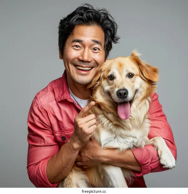 Portrait of a happy Asian man with his golden retriever dog