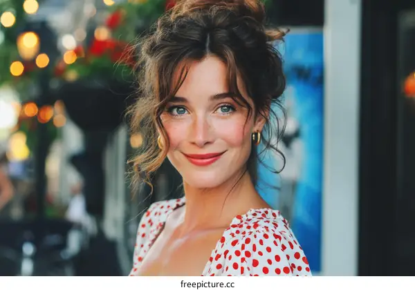 Charming Young Woman Outdoors in a Stylish Polka Dot Dress