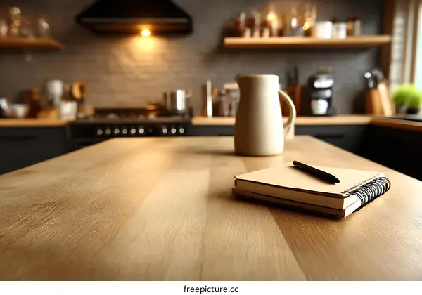 Wooden Kitchen Countertop with Notepad and Pen