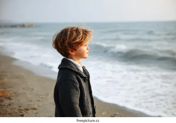 A Young Boy Standing Near Seashore Looking at Waves