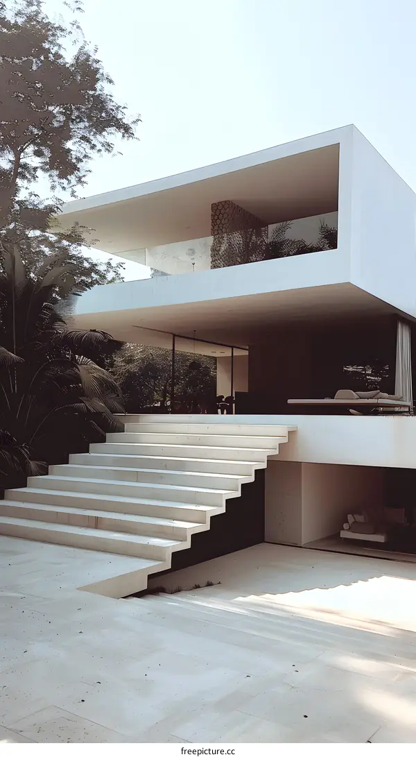 Modern Concrete House with Steps and Palm Trees