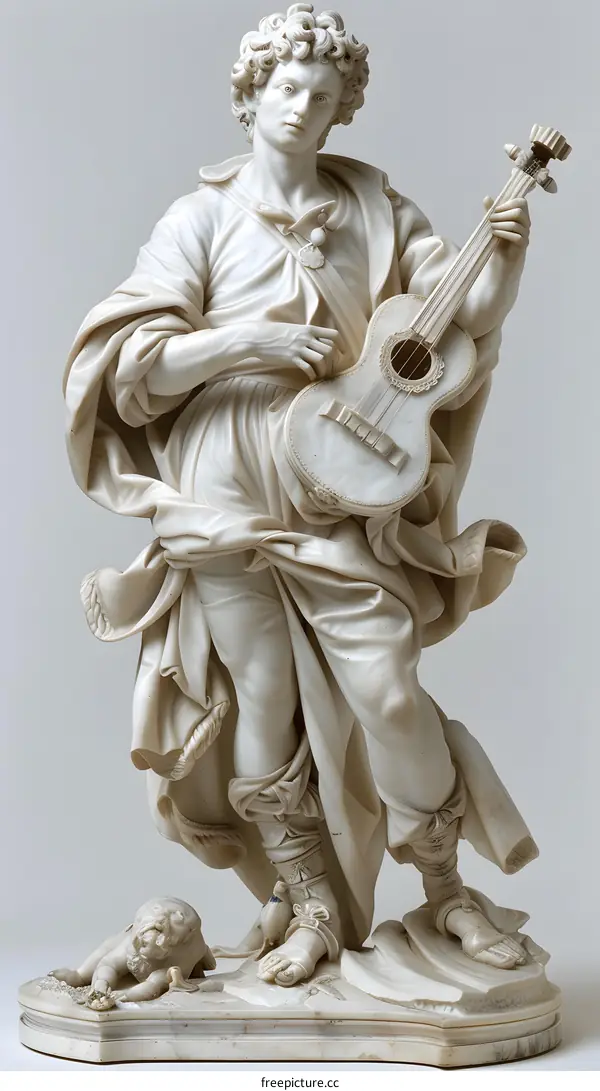 A sculpture of a young man playing a guitar
