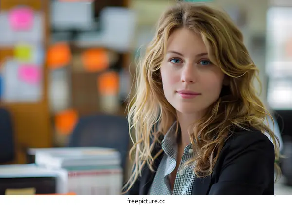 Portrait of a young woman with long blond hair and blue eyes, wearing a white shirt and black suit jacket.