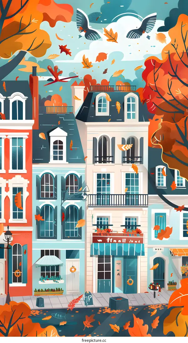Autumn Leaves Falling on a Colorful European Street
