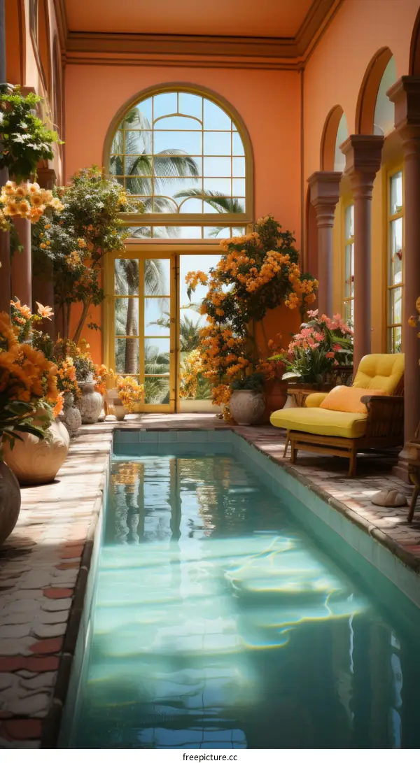 Indoor Swimming Pool with Orange Walls and Leafy Plants
