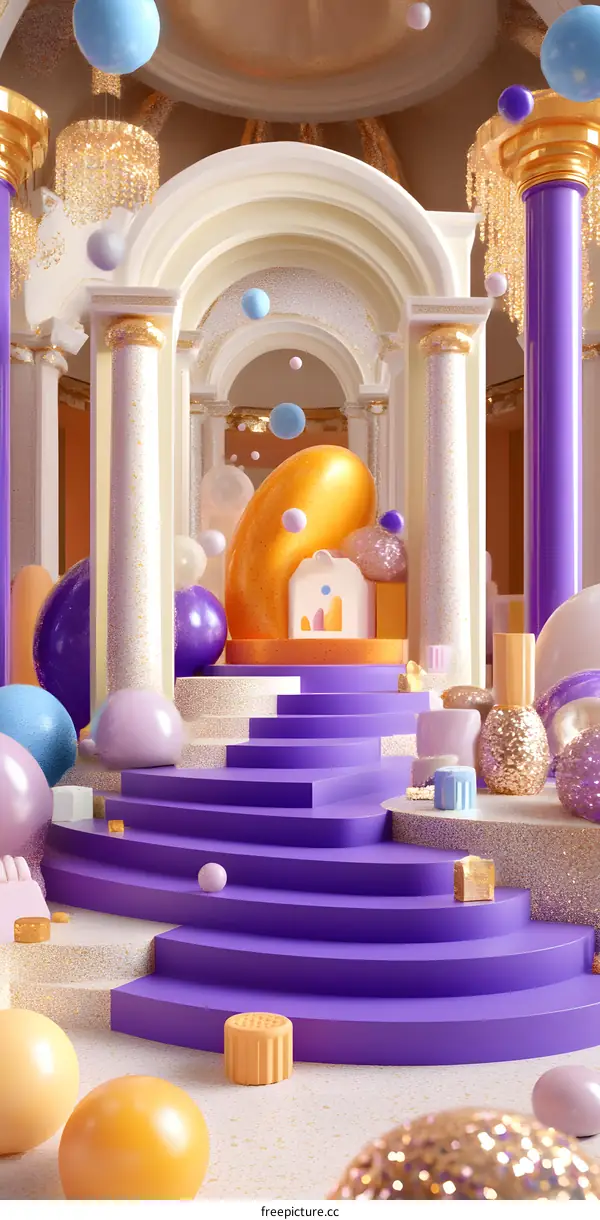 3D Render of a Purple Staircase with Gold and Blue Accents