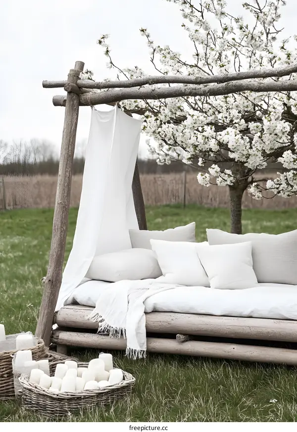 White Linen Couch With Cushions Under A Tree With White Flowers