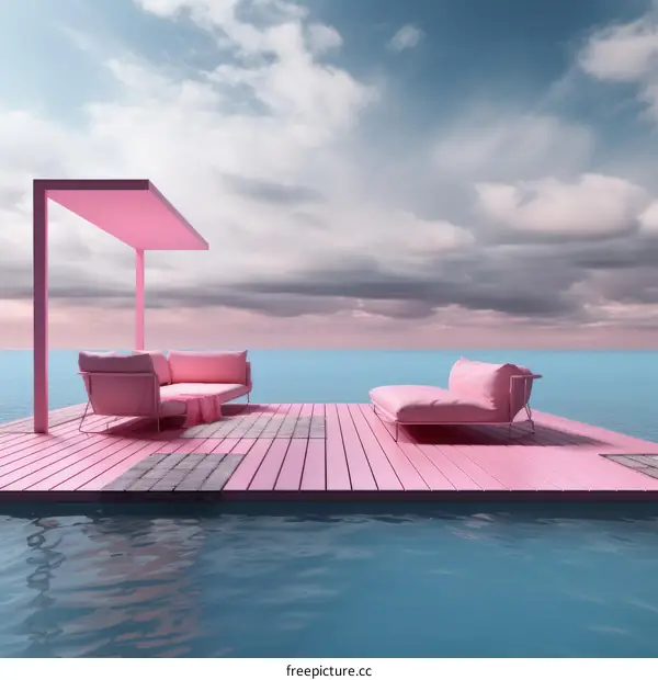 Surreal Pink Platform and Furniture Floating on Water