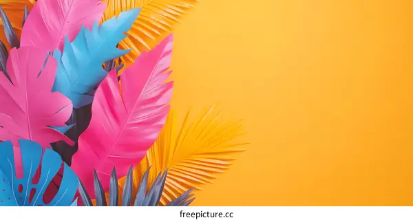 Tropical Leaves on Yellow Background