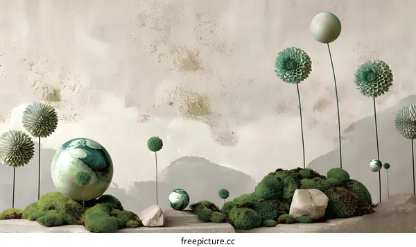 Abstract Green Sphere and Flower Landscape Illustration