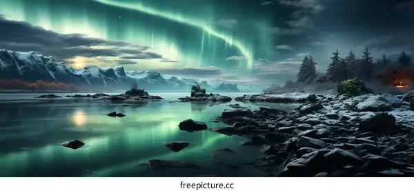 Aurora borealis landscape with mountains and lake