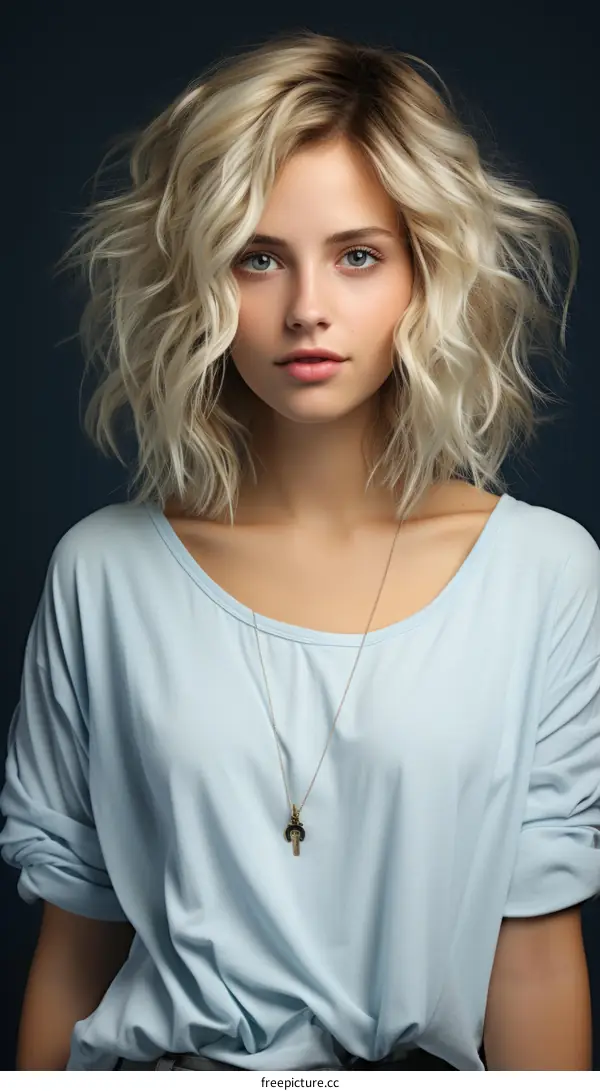 A beautiful blonde woman with blue eyes is looking at the camera