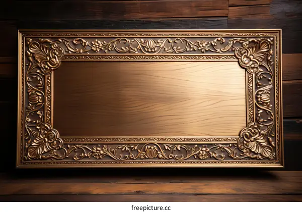 Ornate Golden Picture Frame with Dark Wood Background