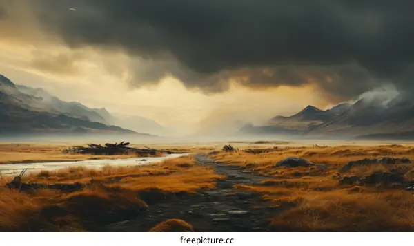 Gloomy mountain landscape with a dirt road through a grassy field