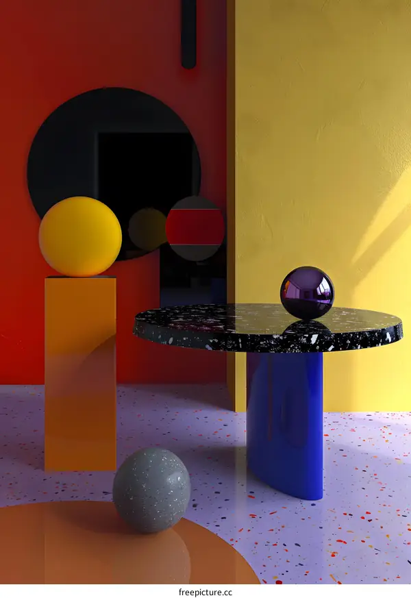Abstract 3D Illustration with Colorful Geometric Shapes and a Marble Table