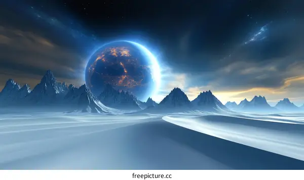 Alien Planet Landscape with a Huge Blue Orb