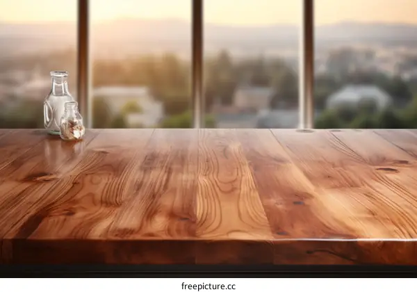 An empty wooden table with a blurred background of a city at sunset