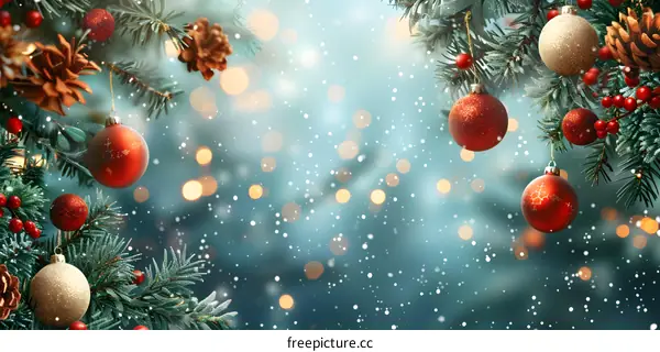 Christmas Tree With Ornaments And Snowflakes