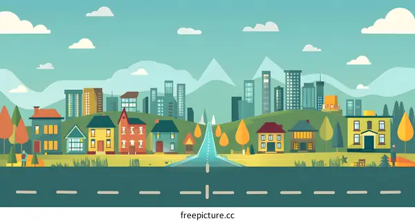 Flat Cityscape with People and Road