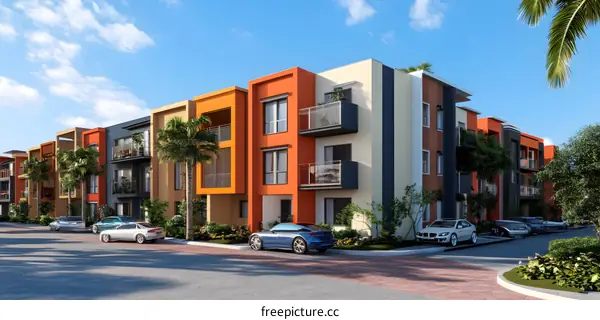 Modern Apartment Building Exterior Design With Palm Trees And Blue Sky