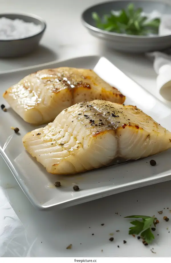 Two pieces of cooked white fish on a white square plate with parsley and peppercorns scattered on the table