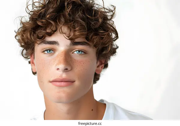 Portrait of a Young Man with Curly Hair and Blue Eyes