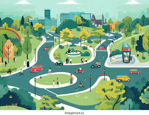 Urban Park Illustration with People Walking and Riding Bicycles