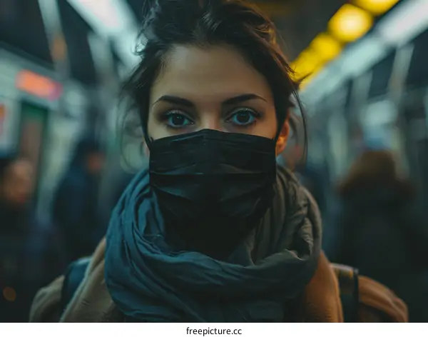 A young woman wearing a black mask on a subway train