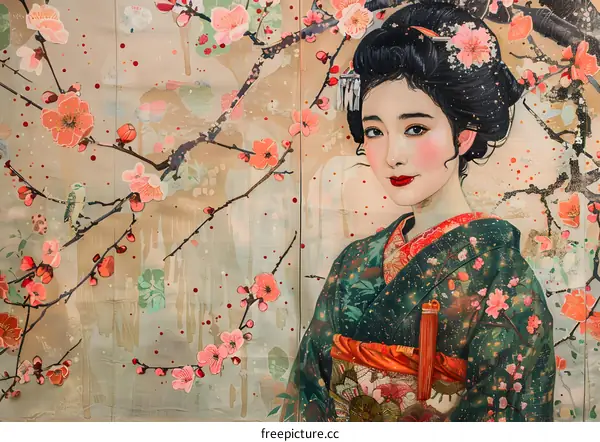 A Japanese woman wearing a kimono stands in front of a cherry blossom tree.