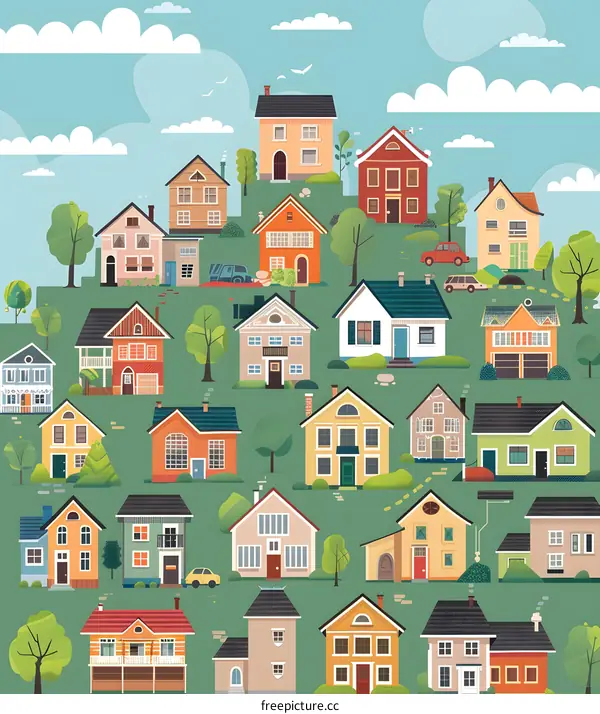 Illustrated Colorful Houses on Hilltop with Green Grass and Blue Sky