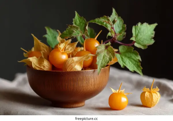Fresh Physalis Fruit in Wooden Bowl