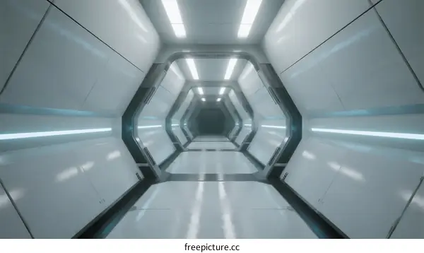 Futuristic hexagonal corridor with white walls and blue lights