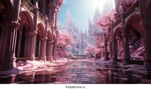 Pink fantasy landscape with cherry blossom trees and a castle