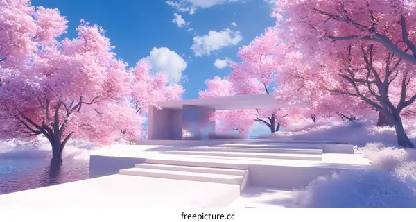 White Platform With Steps Surrounded By Pink Cherry Blossoms And Blue Sky