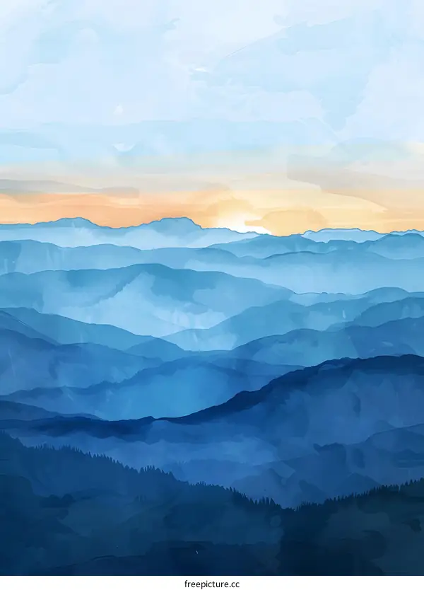 Abstract Watercolor Painting of Mountains at Sunset