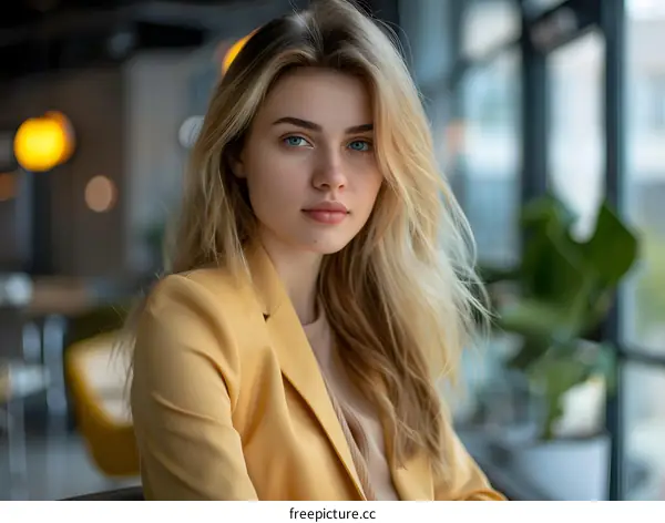 Beautiful Woman with Long Blonde Hair in a Yellow Blazer