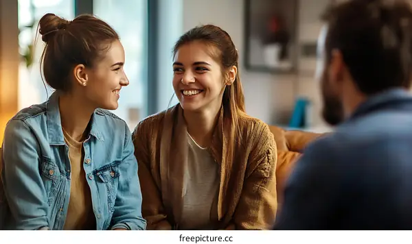 Friendly Conversation of Three People in Cozy Interior