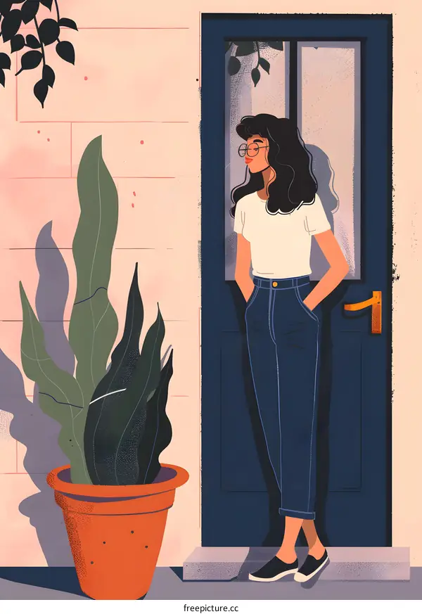 Woman Standing By The Door Illustration