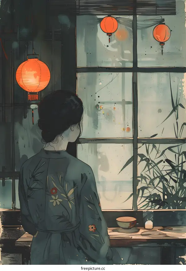 Woman in Kimono Looking Out Window at Night