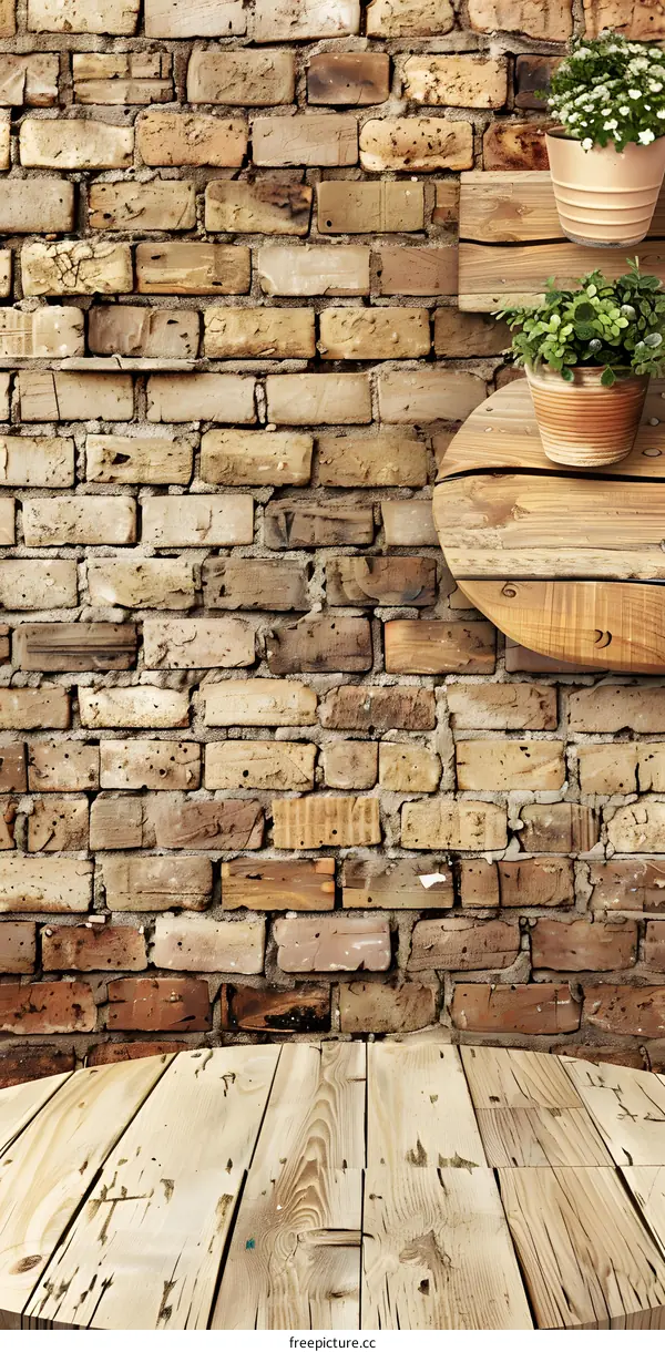 Rustic Wooden Tabletop with Brick Wall Background