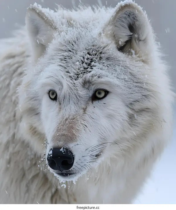 A majestic white wolf in the snow